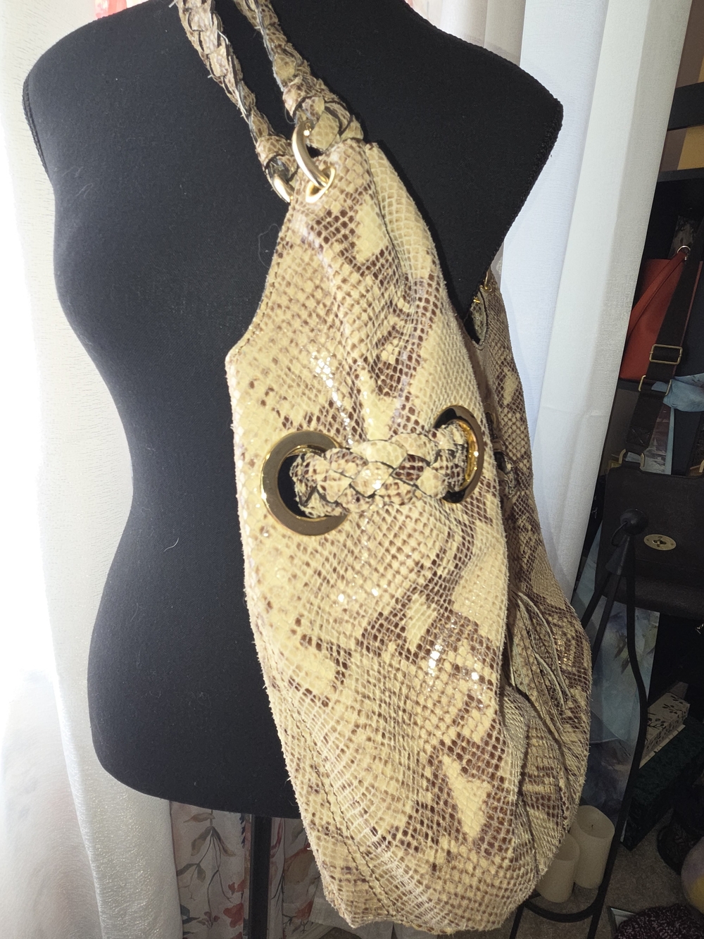 Michael Kors Taupe Snakeskin-Print Shoulder Bag with Tassel - Picture 6 of 13